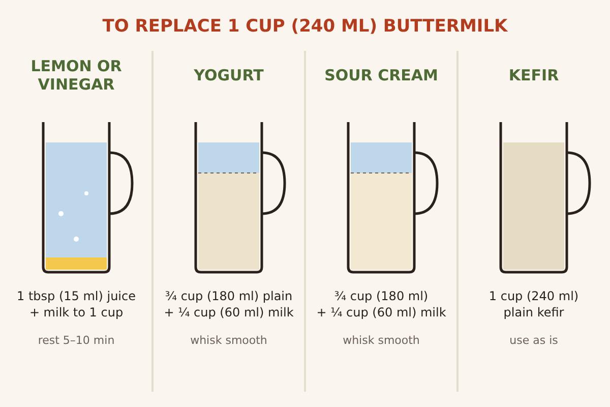Illustration of four measuring cups, each making 1 cup (240 ml) of buttermilk substitute. Labels: lemon or vinegar, 1 tbsp (15 ml) juice plus milk to 1 cup, rest 5–10 min; yogurt, ¾ cup (180 ml) plain plus ¼ cup (60 ml) milk, whisk smooth; sour cream, ¾ cup (180 ml) plus ¼ cup (60 ml) milk, whisk smooth; kefir, 1 cup (240 ml) plain kefir, use as is.