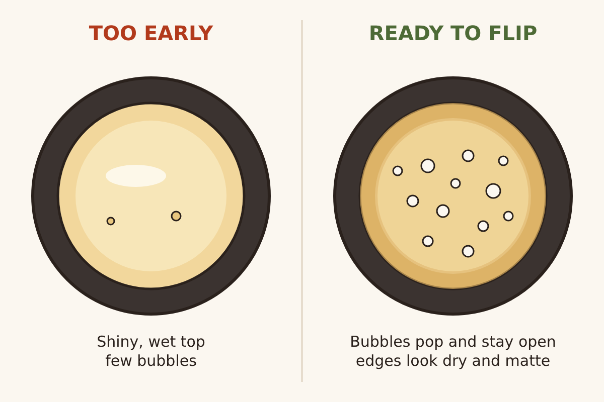 Illustration of two pancakes in a pan: too early, a shiny wet top with few bubbles; ready to flip, bubbles that pop and stay open and edges that look dry and matte.